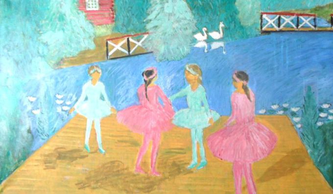 Pikkuballerinat esiintyvät eduskuntaväelle Lummelammen rannalla. 100x140 cm. tempera/öljyväri