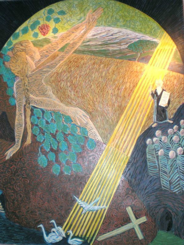 Usko, toivo ja rakkaus - Ylösnousemus. 180x140 cm, tempera
