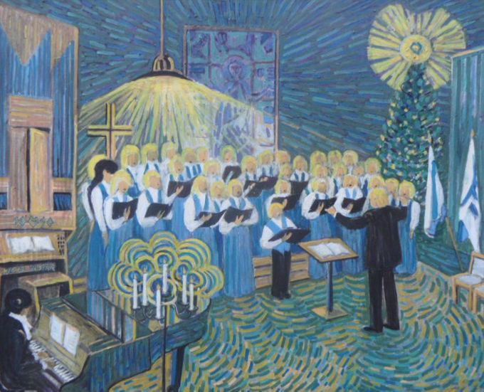 Lopen Nuorisokuoron Joulukonsertti Huopalahden kirkossa, 81x100 cm, öljyväri. Omistaa Lopen kunta