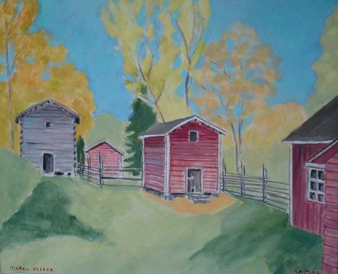 Lopen kotiseutumuseo Lukkarin puustelli ja museoaitat, 54x65 cm, öljyväri, omistaa Lopen kunta