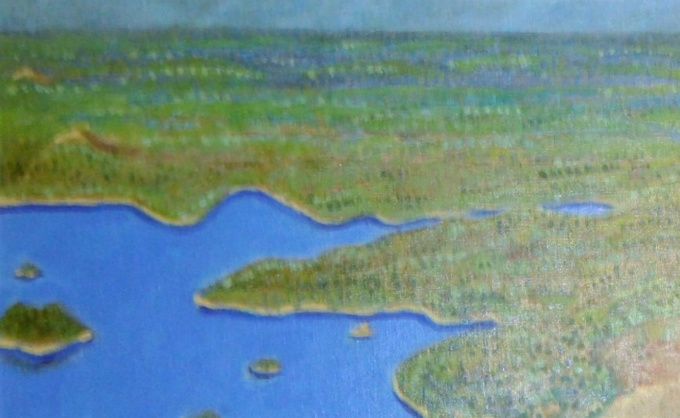 Sajaniemi, kylä Loppijärven ympärillä, Sajaniemen kylähistoria I kirjan kansikuvamaalaus, etu- ja takakansi, 50x70 cm, öljyväri