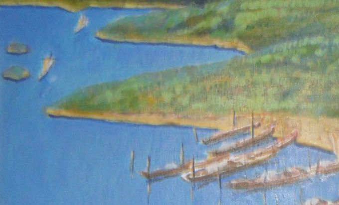 Sajaniemi, vireä kylä Loppijärven ympärillä, Sajaniemen kylähistoria II kirjan kansikuvamaalaus, etu- ja takakansi, 50x70 cm, öljyväri