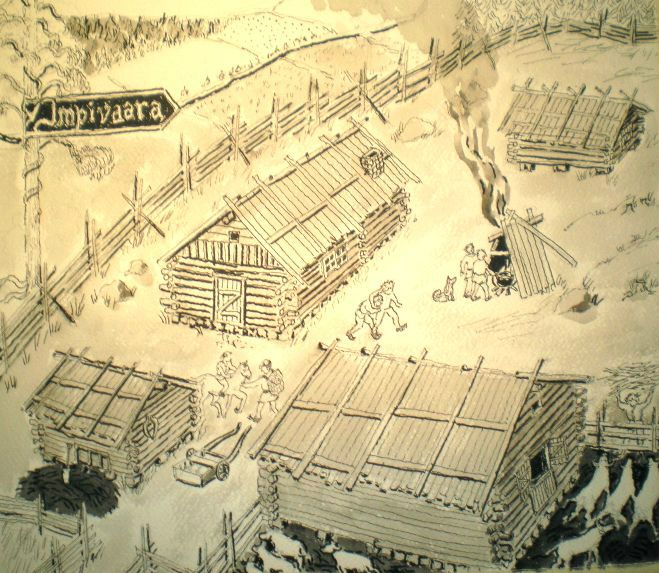 Uusi 7-veljestä kirjan myyteistä faktoiksi kansikuva 46x54 cm, tussilaveeraus. Aleksis Kivi: 