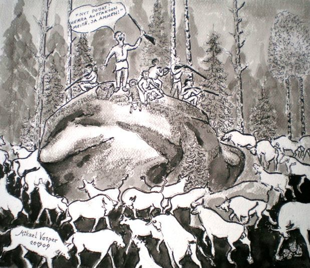 Uusi 7-veljestä kirjan myyteistä faktoiksi takakansikuva, 46x54 cm, tussilaveeraus: Aleksis Kivi: 