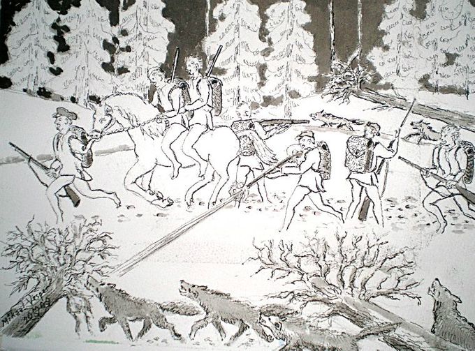 Uusi 7-veljestä kirja myyteistä faktoiksi: Pako Impivaarasta, 36x46 cm, tussilaveeraus. Aleksis Kivi: 