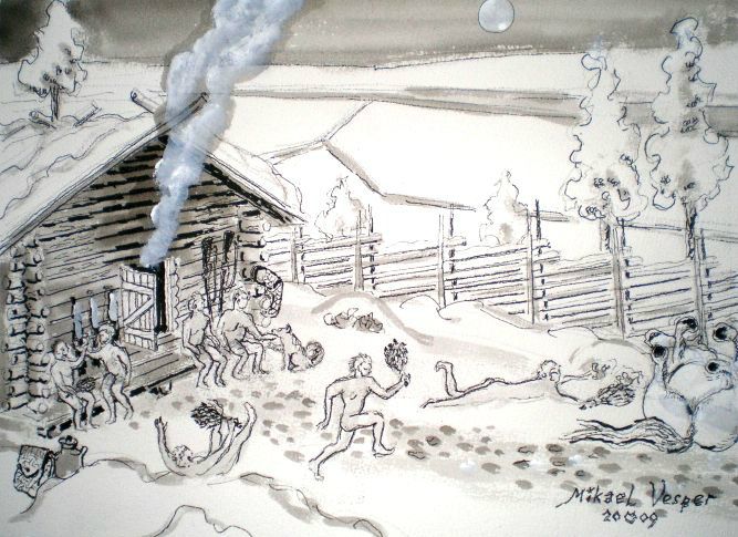 Uusi 7-veljestä kirja myyteistä faktoiksi: Impivaaran sauna, 36x46 cm, tussilaveeraus. Aleksis Kivi: 