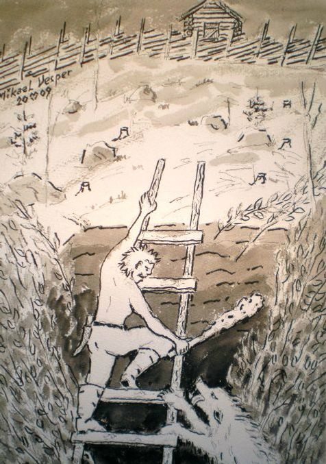 Uusi 7-veljestä kirja myyteistä faktoiksi: Sudenkuoppa, 46x36 cm, tussilaveeraus, Aleksis Kivi: 