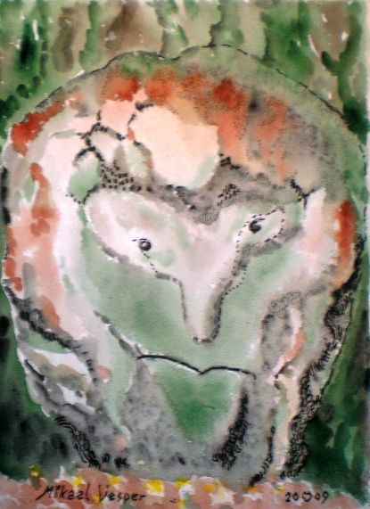 Uusi 7-veljestä kirja myyteistä faktoiksi: Sonnimäen kamoittava Peikkokivi, 46x36 cm, akvarelli. Aleksis Kivi: 