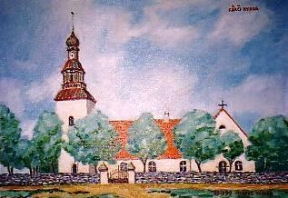 Fårö kyrka Gottlandin pohjoisosan saarella, 45x60 cm, öljyväri, yksityisomistuksessa.