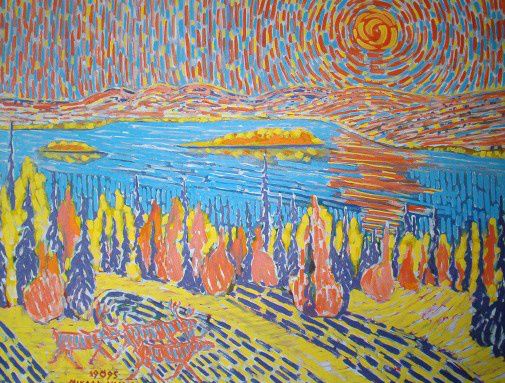 Auringonnousu Särkijärvellä, Muonio, 81x100 cm, öljyväri, yksityisomistuksessa
