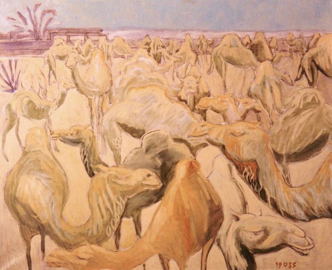 Qatarin kamelit Persianlahdella, 100x82 cm, öljyväri, yksityisomistuksessa.