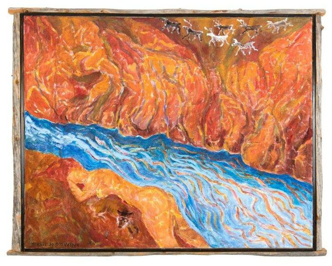 Koskenkuohuja: Kiutaköngäs Kuusamo. 81x100 cm, tempera/öljyväri, kelopuukehys
