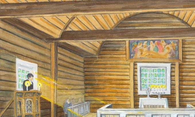 Iltakirkko Lopen vahassa puukirkossa, Santa Pirjossa. 100x140  cm, sekatekniikka. Saarnastuolissa kappalainen Ilkka Juote, takana vasemmalla kirkkoherra Teuvo Vähäkylä, oikealla takana kirkkokuorolaisia ja oikealla kanttori Kalle Ainola. Keskiperspektiivi, kaikki linjaukset johtavat Madonnaveistoksen päähän Alttaripöydällä. Tällä saadaan maalaukseen syvyysvaikutelma.